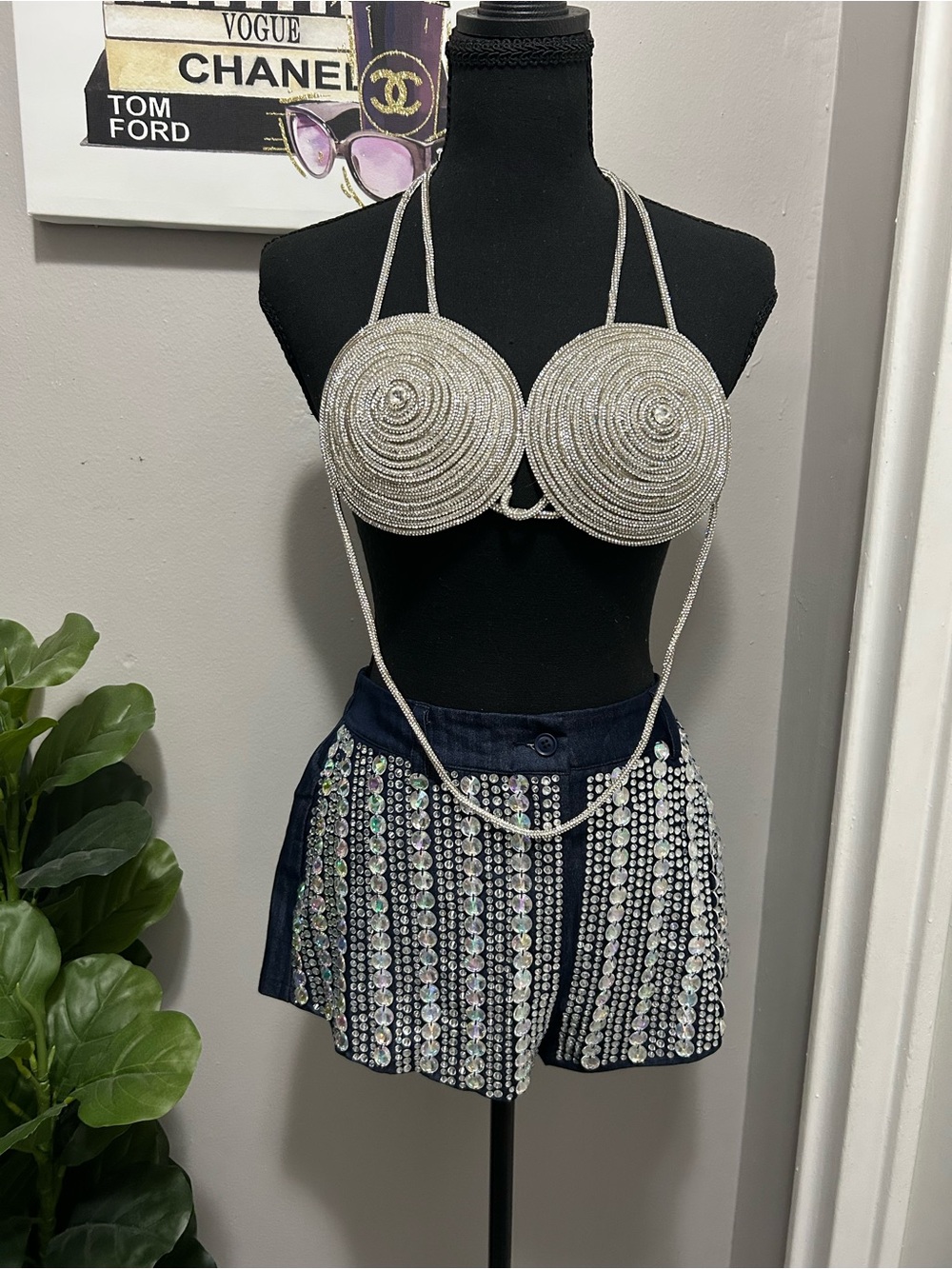 Fashion Nova Navy Jean Shorts with Silver Sequin Strands